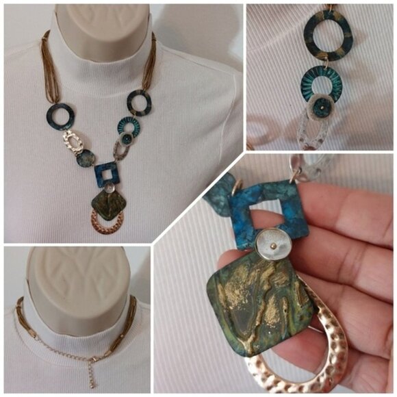 Jewelry - Boho Rustic Faux Patina Hammered Gold Teal Necklace